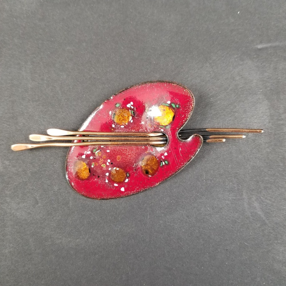 Matisse Renoir Vintage Red Enamel Copper Artist Palette Brooch Pin MCM USA